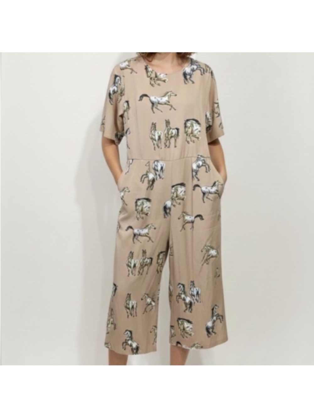 Sundayup Horse Print Wide Leg Jumpsuit Size Large Tan Grey